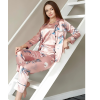 VIDA Σατέν υφής σετ πιτζάμας 4 τμχ με πουκαμίσα, παντελόνι, μάσκα ύπνου & πουγκάκι με άνθη και φύλλα