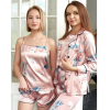 VIDA Σατέν υφής σετ πιτζάμας 4 τμχ με πουκαμίσα, παντελόνι, μάσκα ύπνου & πουγκάκι με άνθη και φύλλα