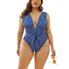MARINA CURVES Plus Size ολόσωμο μαγιό με μπλέ ριγεσ, βαθύ V και ζώνη στη μέση
