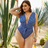 MARINA CURVES Plus Size ολόσωμο μαγιό με μπλέ ριγεσ, βαθύ V και ζώνη στη μέση