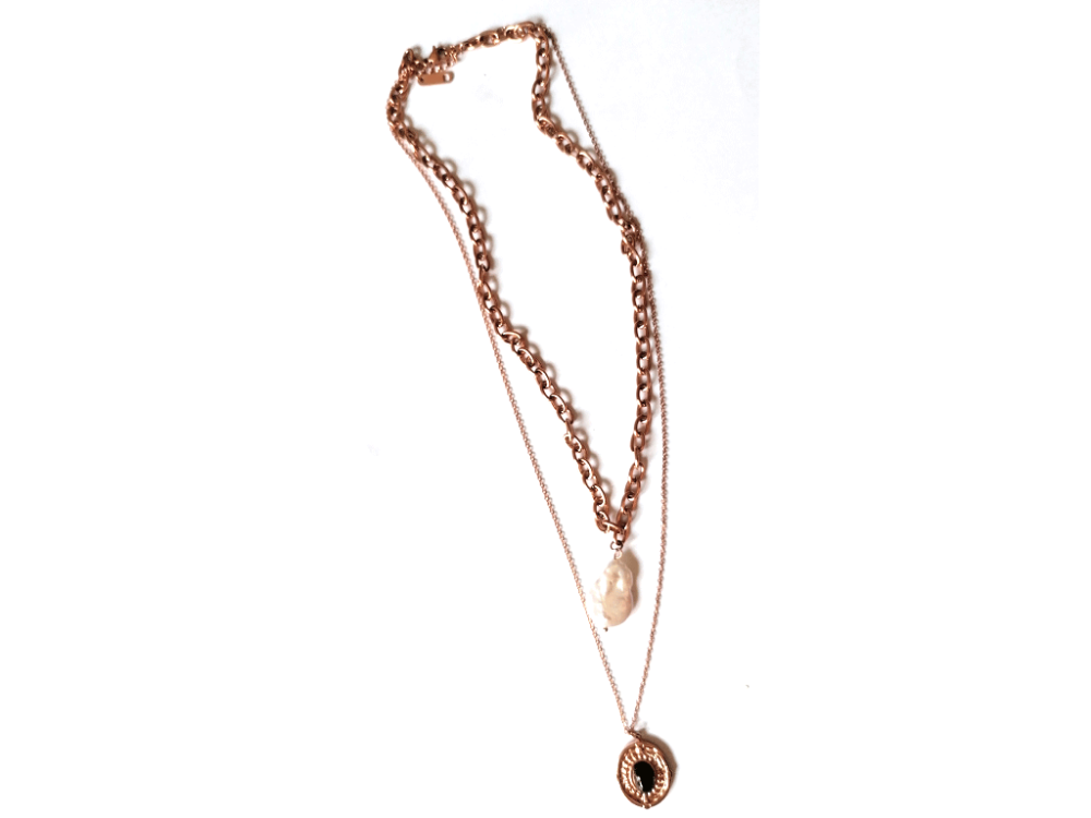 Διπλό Ροζ Χρυσό κολιέ, Layering κολιέ με 2 επίπεδα και 2 διαφορετικές αλυσίδες από ανοξείδωτο ατσάλι