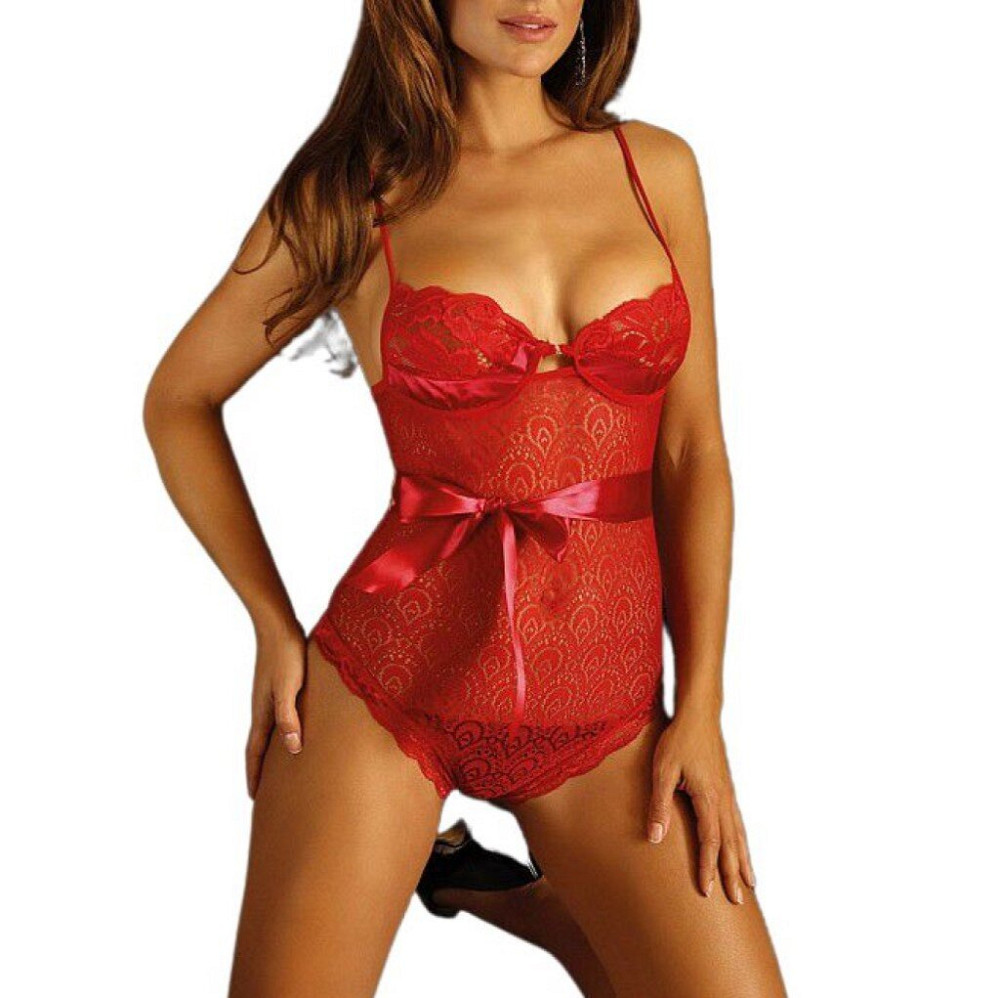 SALMA Παρτό κορμάκι από δαντέλα με σατέν λεπτομέρεια φιόγκου στη μέση και μπανέλα