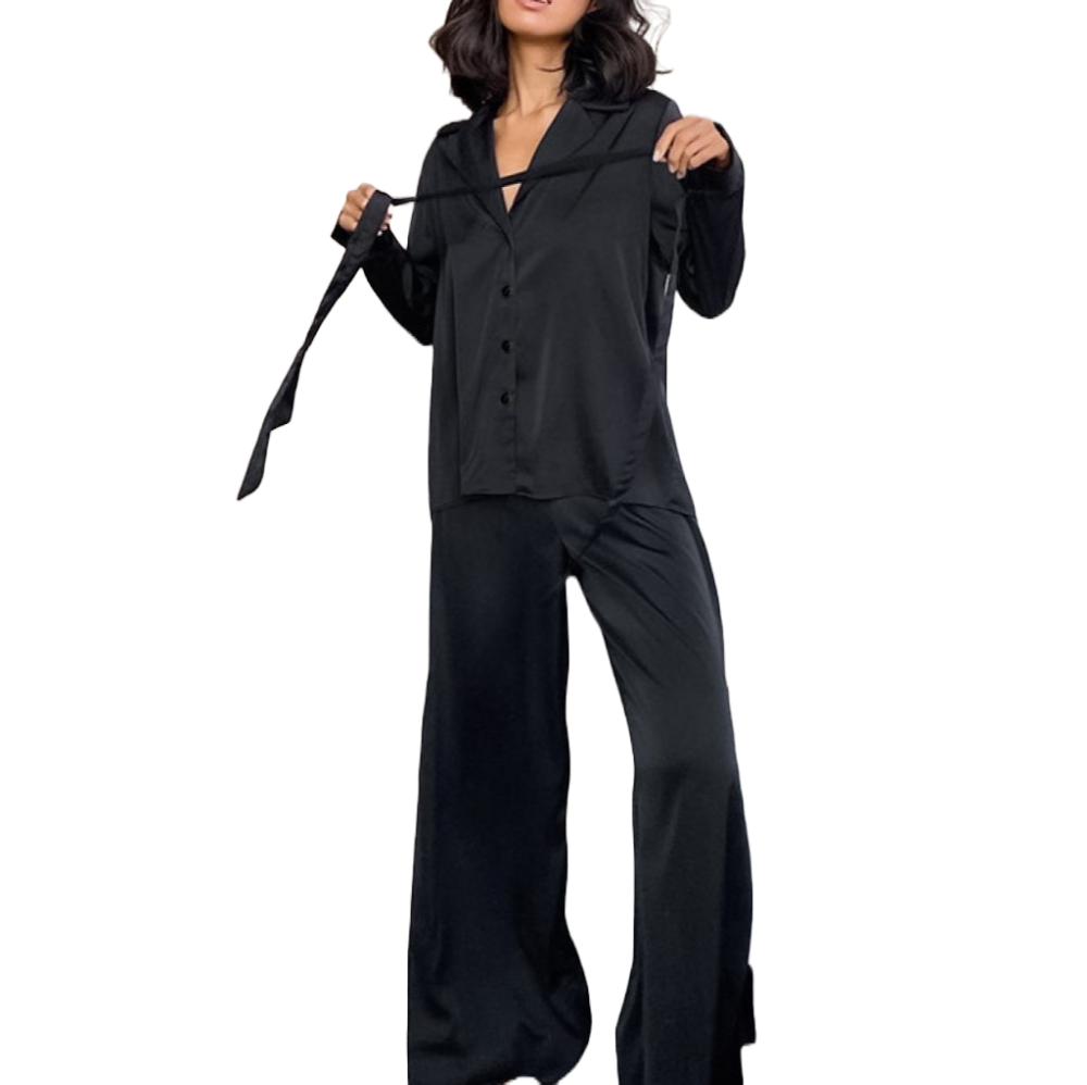 ROMINA Σατέν υφής σετ πιτζάμες με πουκαμίσα με δέσιμο στα μανίκια & παντελόνα με ανοίγματα στο πλάι