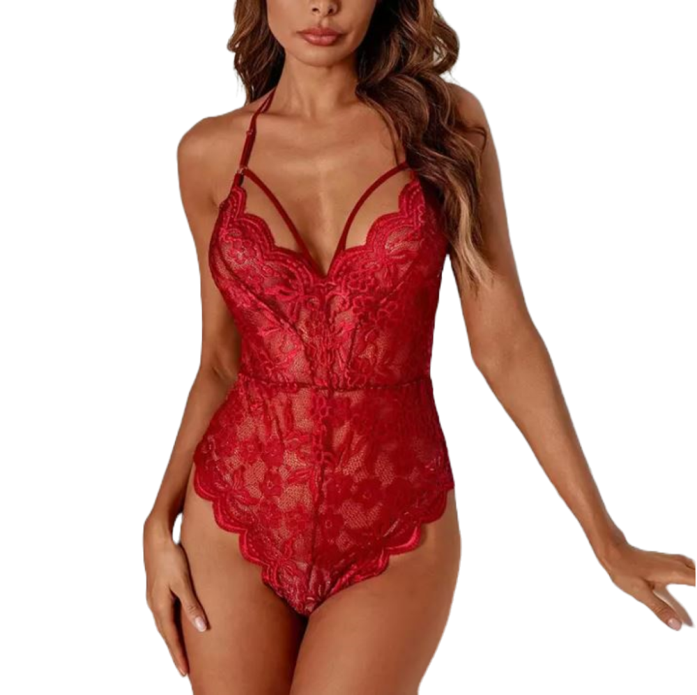 MARCELINE Δαντελένιο κορμάκι με τιράντες στο μπούστο και ανοιχτή πλάτη με κυματιστές άκρες