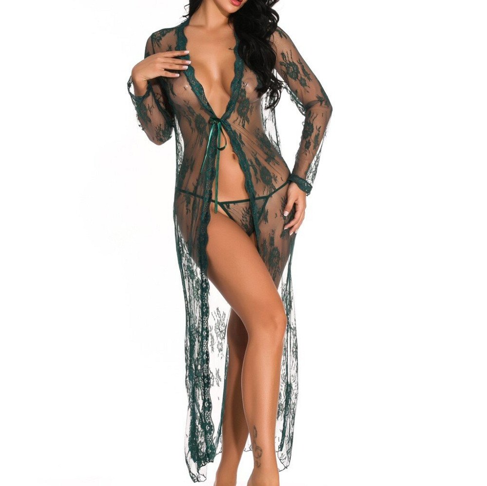 JAMIL Μακριά διάφανη δαντελένια ρόμπα που δένει με φιόγκο στη μέση