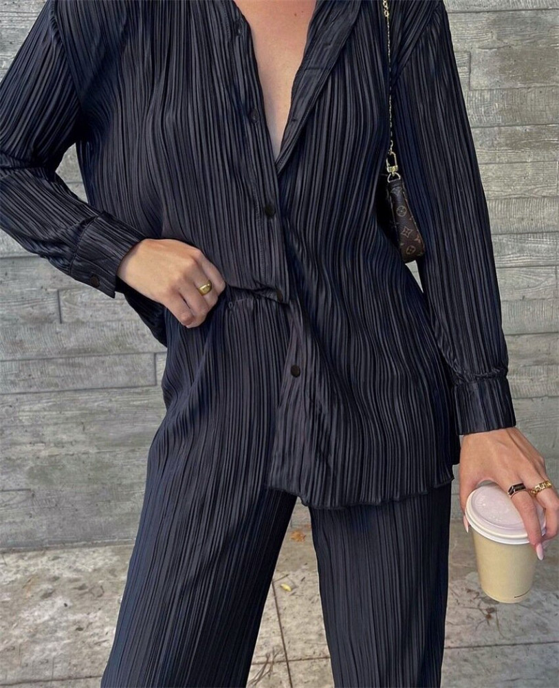 ANGELIQUE Σετ πιτζάμας με oversized πουκαμίσα και παντελόνα σε ίσια γραμμή από γκοφρέ ύφασμα