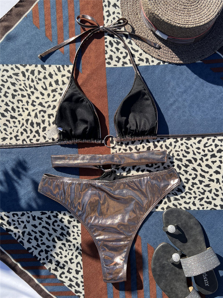 CALLIOPE καφετί ιριδίζον μπικίνι, τριγωνάκι τοπ και κάτω μέρος με στραπς στη μέση