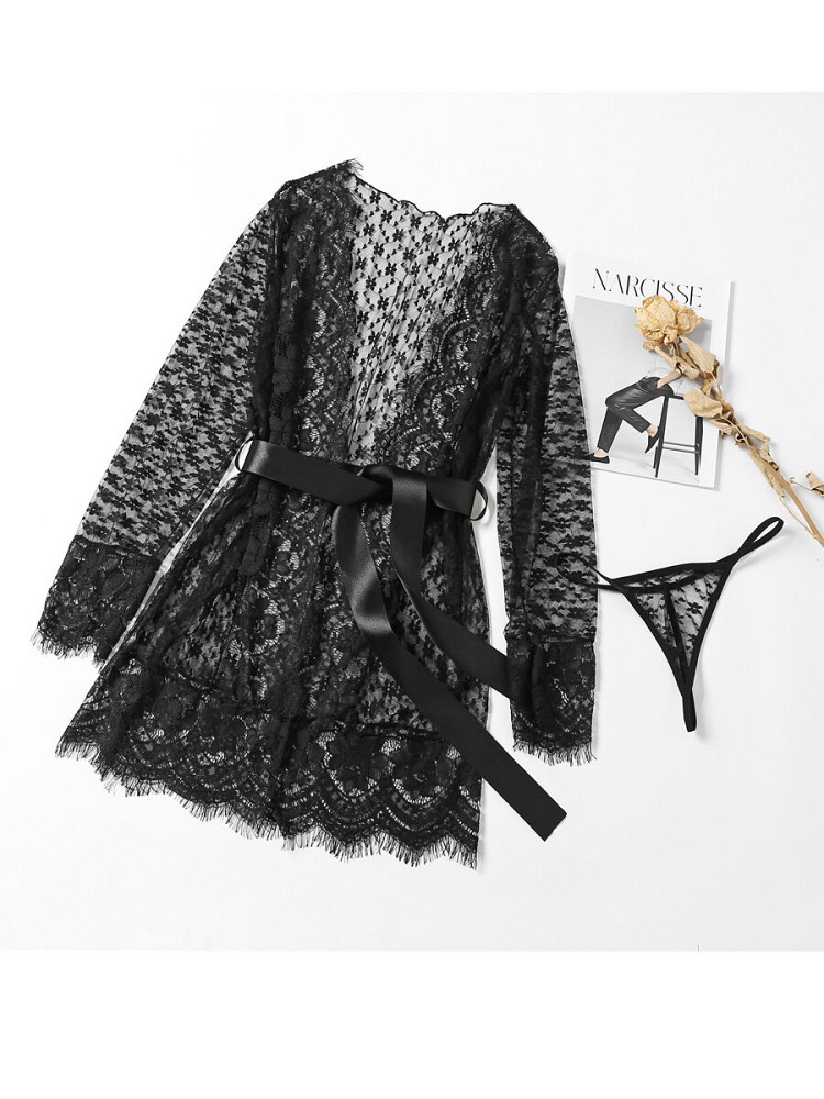 BELINDA Διάφανη δαντελένια αισθησιακή ρόμπα με ζώνη που δένει στη μέση