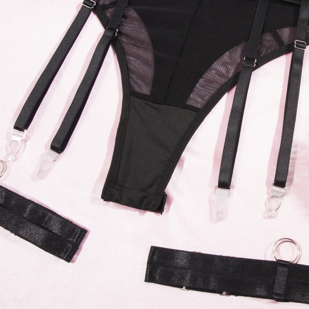 CHRISTI Ολόσωμο κορμάκι με διαφάνεια, στραπς στο μπούστο που δένουν σε τσόκερ, ζαρτιέρες & καλτσοδέτες