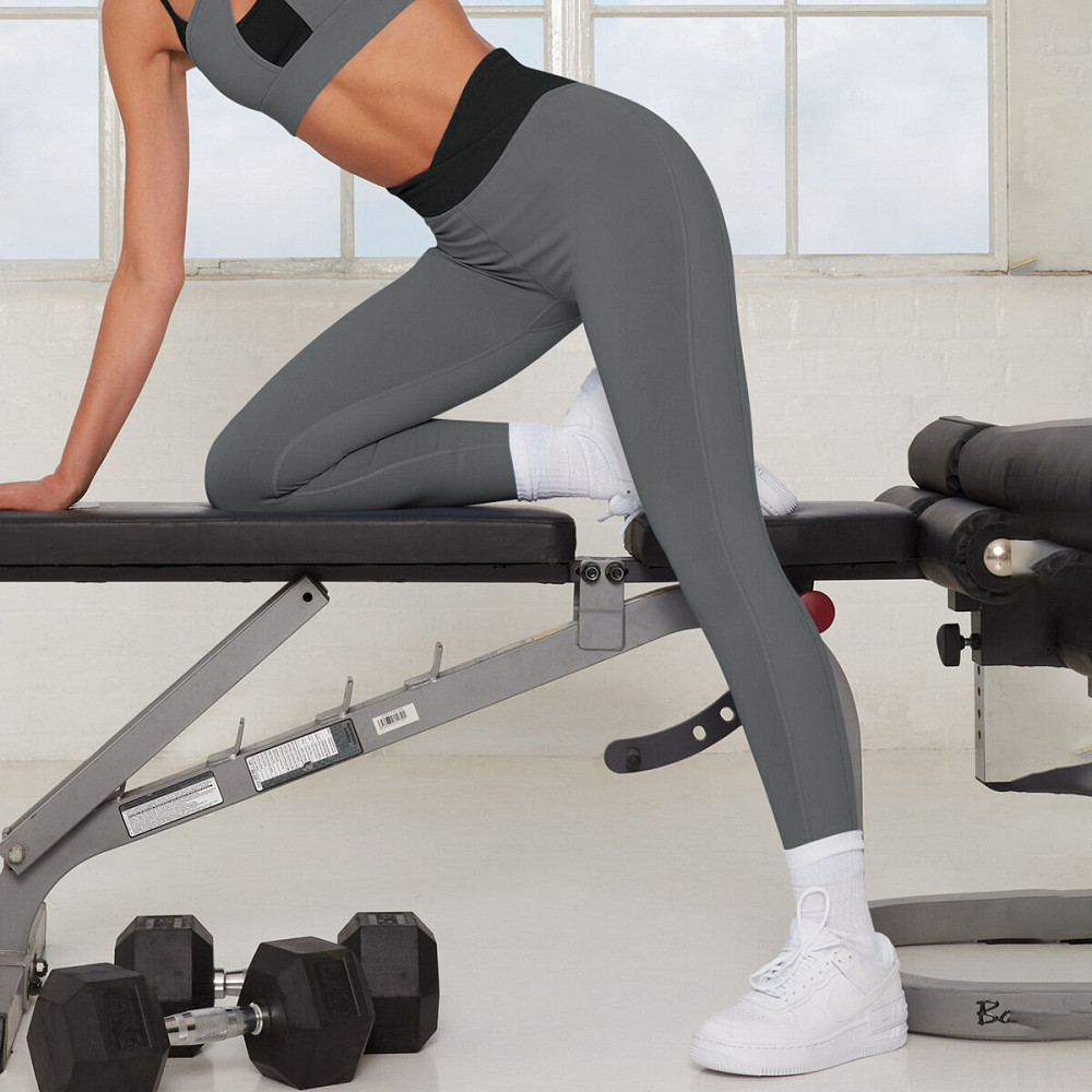 LORENA Αθλητικό ψηλόμεσο κολάν σε γκρι χρώμα με μαύρη παχιά λωρίδα στη μέση