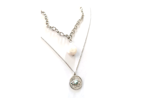 Διπλό Ασημί κολιέ, Layering κολιέ με 2 επίπεδα από ανοξείδωτο ατσάλι