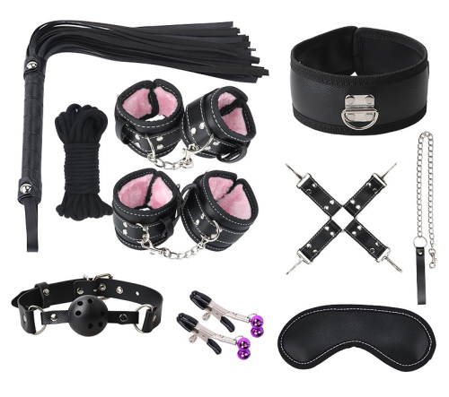 DODI Σετ Ερωτικών Αξεσουάρ Φετίχ Δεσιμάτων 13 τεμαχίων από μαύρο οικολογικό δερματίνη με γούνινη επένδυση