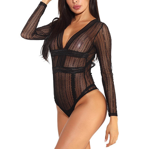 JAMILE Μακρυμάνικο διάφανο κορμάκι με βαθύ ντεκολτέ και ριγέ κεντητό σχέδιο