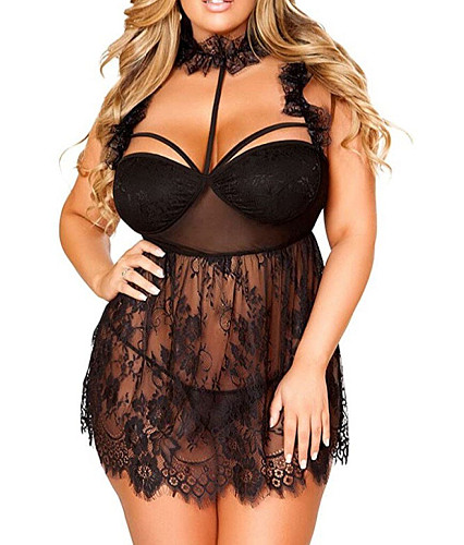 CRYSTAL Plus size διάφανο babydoll με δαντέλα και στραπς στο στήθος, τσόκερ και στρίνγκ