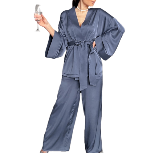 JANELLE Σατέν σετ μακρυμάνικες πιτζάμες με παντελόνα και πουκαμίσα που δένει στη μέση