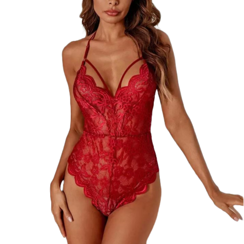 MARCELINE Δαντελένιο κορμάκι με τιράντες στο μπούστο και ανοιχτή πλάτη με κυματιστές άκρες