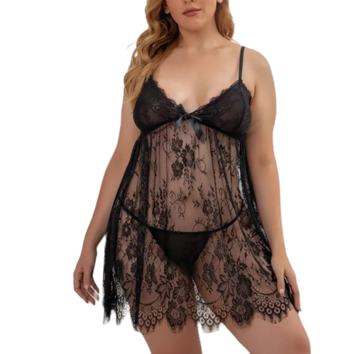 DALIA Αέρινο δαντελένιο νυχτικό με βαθύ ντεκολτέ με φιογκάκι, φλοράρ σχέδιο και ασορτί εσώρουχο