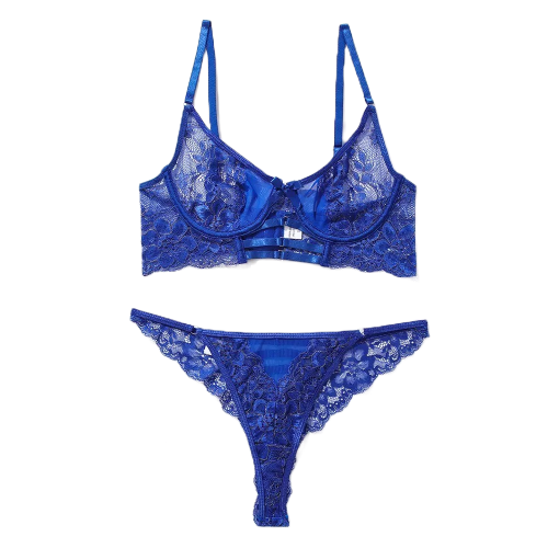 COLETTE Σετ φλοράλ Εσωρούχων ημιδιάφανη δαντέλα σε μπλε ρουαγιάλ, μπανέλα και στρίνγκ