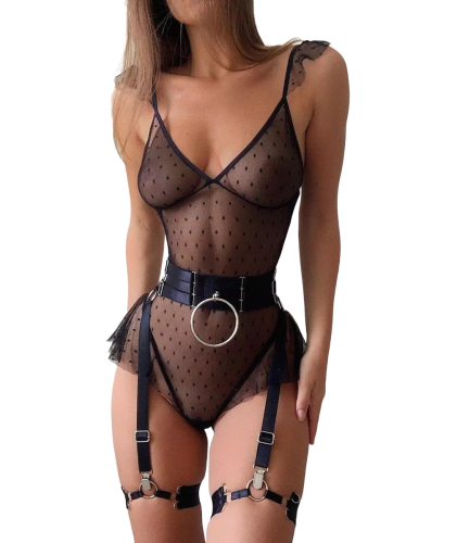 JANELLE Κορμάκι με πουά διαφάνεια, διακριτικό βολάν και ενσωματωμένες ζαρτιέρες με κρίκο & καλτσοδέτες