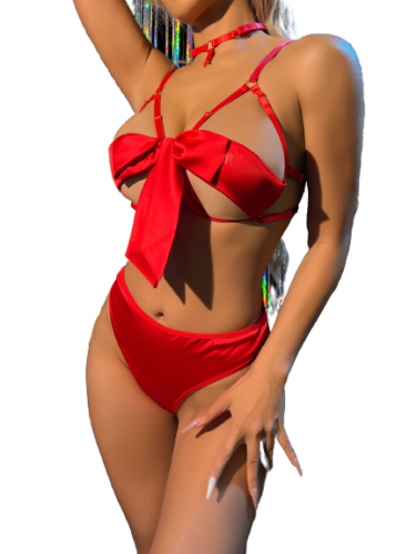 NANTIA Αποκαλυπτικό κόκκινο σατέν υφής σετ αισθησιακών εσωρούχων με φιόγκο, μπανέλα και δεσίματα