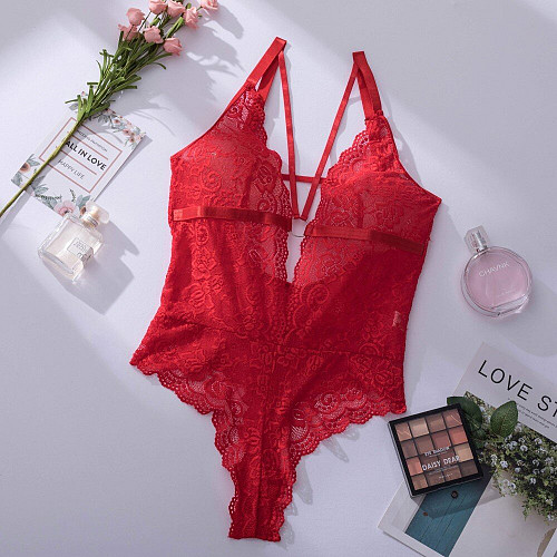 MARGIE Δαντελένιο see through κορμάκι με straps στο στήθος και βαθύ ντεκολτέ