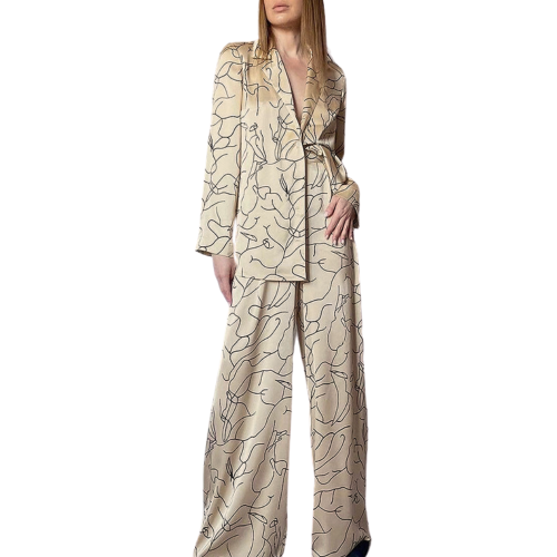 LAYLA Σατέν υφής σετ loungerwear με πουκαμίσα, παντελόνα & μαύρo διακριτικό print