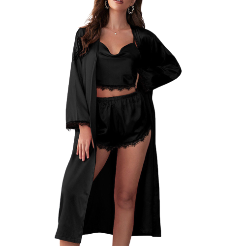 ELOISE Σετ πιτζάμας 3 τμχ με ντραπέ τοπ με λεπτομέρειες δαντέλας, σορτσάκι και ασορτί ρόμπα