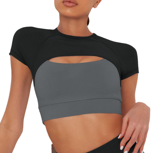 LORENA Αθλητικό διπλό κοντομάνικο κροπ μπουστάκι με μανικάκια και άνοιγμα στο μπούστο