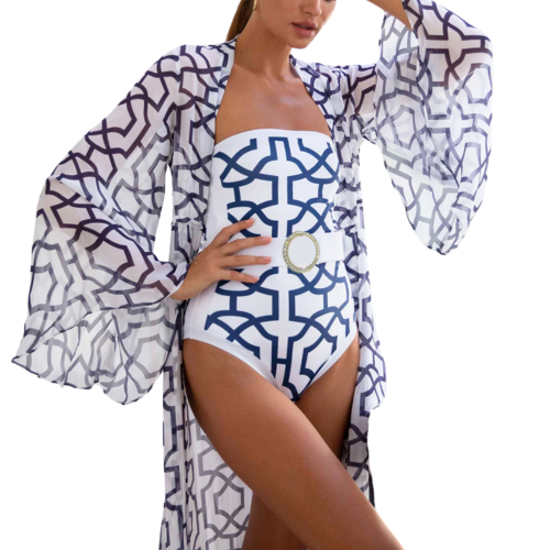 NAVY GEO Σετ στράπλες ολόσωμο μαγιό με γεωμετρικό print και ασορτί αέρινο καφτάνι
