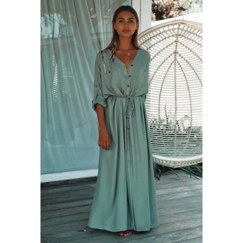 RESORT CHARM Long Beach Dress with 3/4 length sleeves with buttons