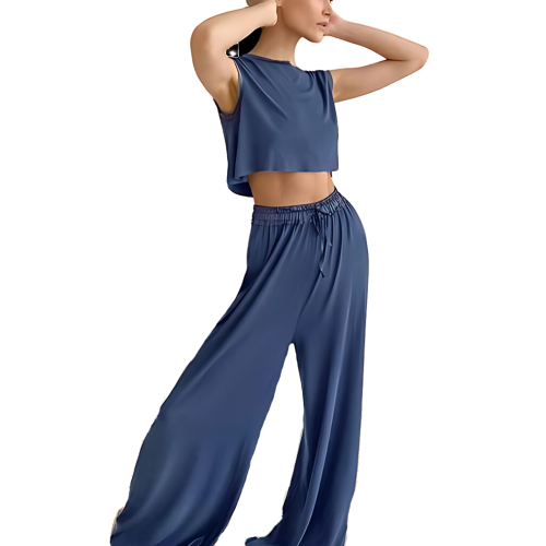MOLENA Αέρινο σετ πυτζάμες με φαρδυα παντελόνα με σατέν λεπτομέρεια στο λάστιχο και κροπ τοπ