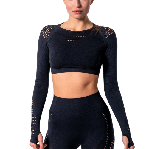 REA Αθλητικό μακρυμάνικο κροπ τοπ με στρογγυλό λαιμό και τρυπητό σχέδιο στους ώμους