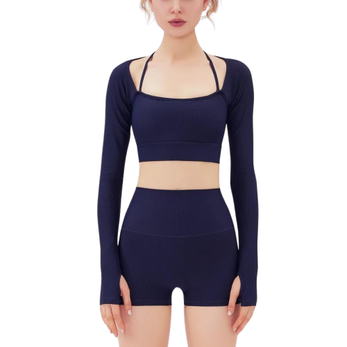 AMOUNA Αθλητικό ριμπ κροπ μπλουζάκι με ανοιχτό ντεκολτέ, μακρύ μανίκι με τρύπα αντίχειρα και τιράντες