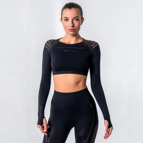 REA Αθλητικό μακρυμάνικο κροπ τοπ με στρογγυλό λαιμό και τρυπητό σχέδιο στους ώμους