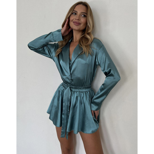 ASHLYN Σετ babydoll 3 τμχ σατέν υφής με αέρινο φουστο-σορτς με φιόγκο, μπραλέτ με τριγωνάκι & μακρυμάνικη πουκαμίσα