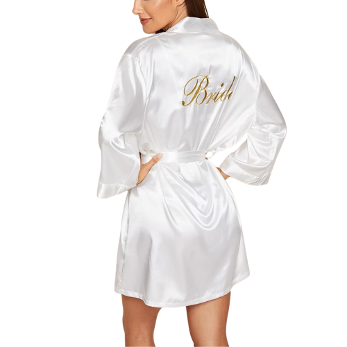 BRIDE Νυφικό σετ με σατέν μακρυμάνικη ρόμπα και νυχτικό με χρυσό κέντημα