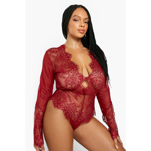 KARTER Μακρυμάνικο δαντελένιο κορμάκι με διαφάνειες και άνοιγμα στο μπούστο