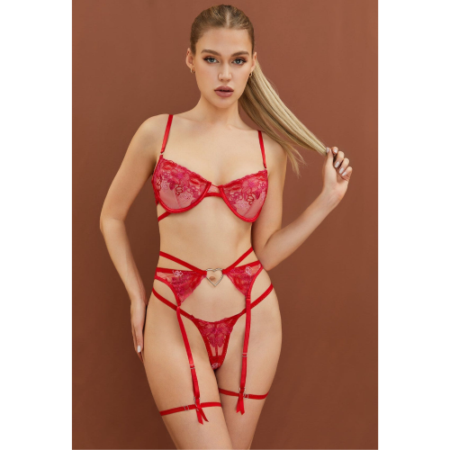 LUNA Σετ εσωρούχων 3 τμχ με φλοράλ διαφάνεια, μπανέλα, ζαρτιέρες & στρινγκ