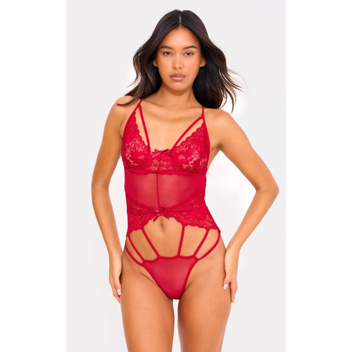 VADA Ολόσωμο δαντελένιο κορμάκι στυλ μπραλέτ με ανοίγματα από στραπς στην κοιλιά & χιαστί πλάτη