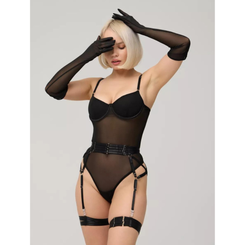 DANIELLE Ολόσωμο διάφανο κορμάκι με μπανέλα, ζώνη ζαρτιέρας, καλτσοδέτες και γάντια