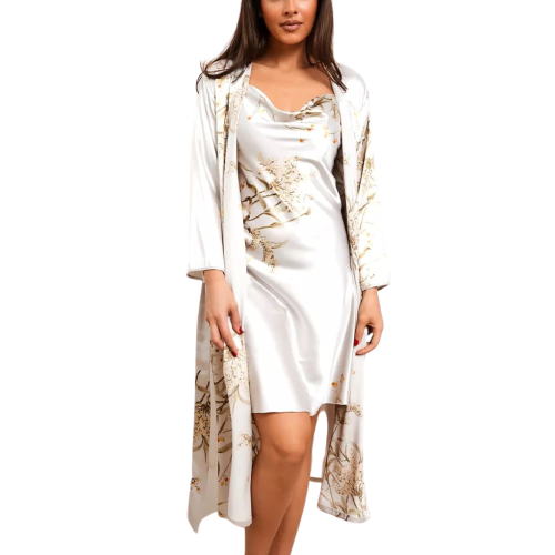 GARNER Σατέν μακρυμάνικη μακριά ρόμπα με ζώνη και λουλουδάτο print