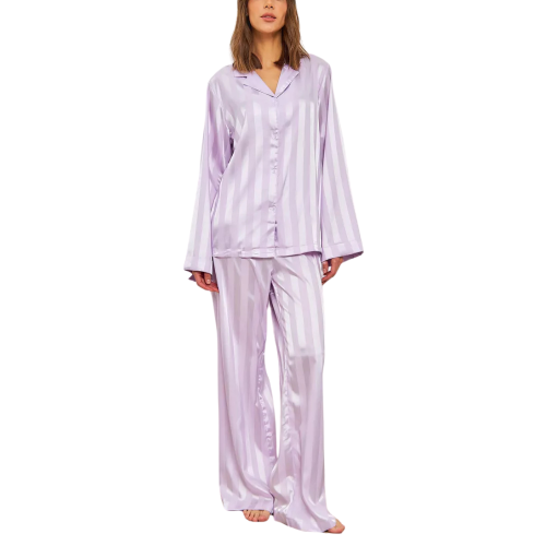 EMERY Σατέν υφής loungewear σετ με λιλά ριγέ σατενιζέ μοτίβο με oversized πουκαμίσα & παντελόνα