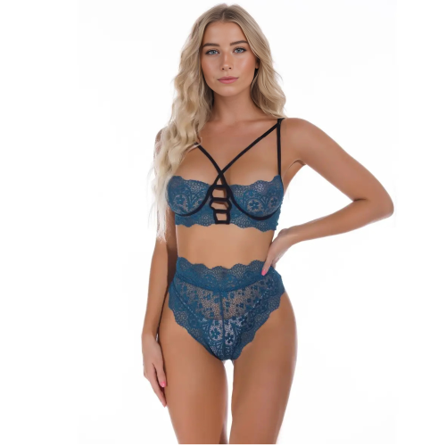 SYLIA δαντελένιο σετ εσωρούχων με χιαστί τιράντες στο μπούστο και ανοίγματα
