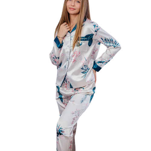ALISSON Σατέν υφής σετ πιτζάμες 4 τμχ με μακρυμάνικη πουκαμίσα με γιαπωνέζικο φλοράλ, παντελόνα, μάσκα ύπνου & πουγκί