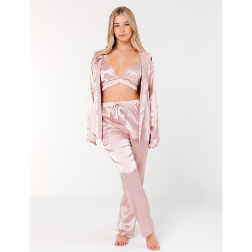 INDIE Σετ πιτζάμες 3 τμχ σατέν υφής με φαρδύ πουκάμισο, τριγωνάκι μπραλέτ & παντελόνα