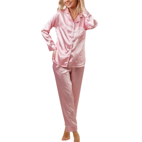 ELIA Απαλό ροζ σατέν σετ πιτζάμες 4 τμχ με μακρυμάνικη πουκαμίσα, παντελόνα, λαστιχάκι μαλλιών & πουγκί