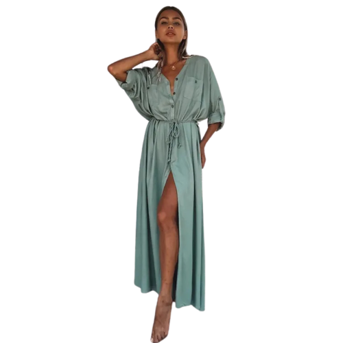 RESORT CHARM Long Beach Dress with 3/4 length sleeves with buttons