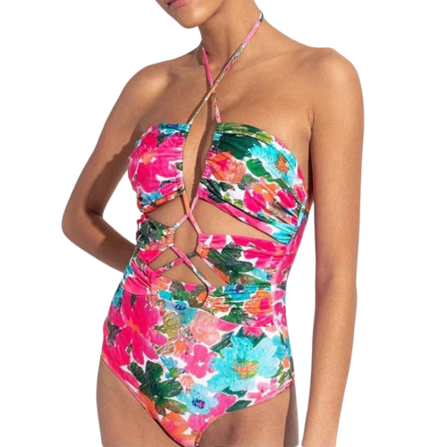 PALOMA Ολόσωμο μαγιό με φλοράλ σχέδιο, κοψίματα και δέσιμο στον λαιμό