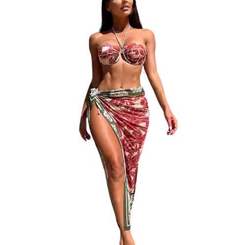 SAVANNA Μαγιό 3 τεμαχίων με μπανέλα, τύπωμα τροπικών φύλλων και παρεό με δέσιμο στο πλάι