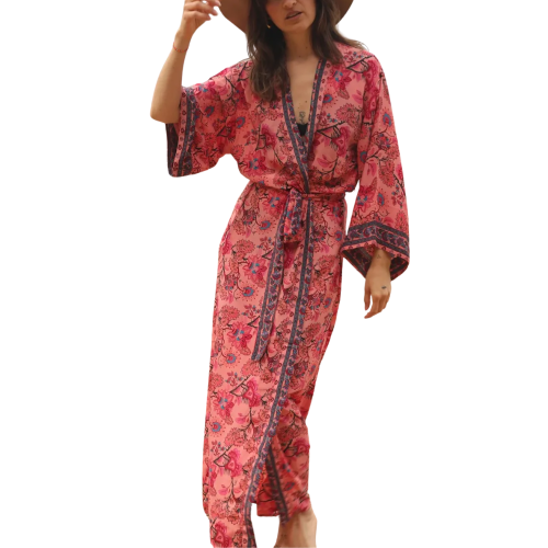 WILD ROSE Long boho print beach kimono with waist tie